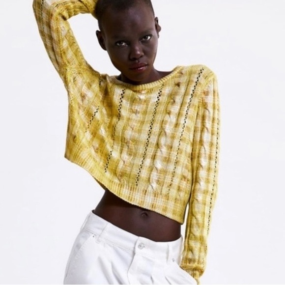 ZARA Metallic Cable Knit Plaid Cropped Sweater - Picture 2 of 2